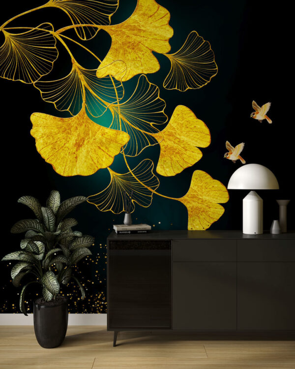 Обои золотые листья с птицами на черном фоне с блёстками в прихожей