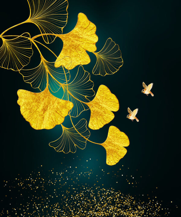 Обои золотые листья с птицами на черном фоне с блёстками