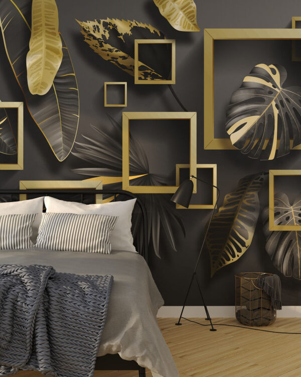 Обои тропические листья 3д с объемными золотыми рамками на черном фоне в спальне