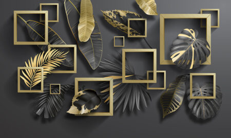 Обои тропические листья 3д с объемными золотыми рамками на черном фоне
