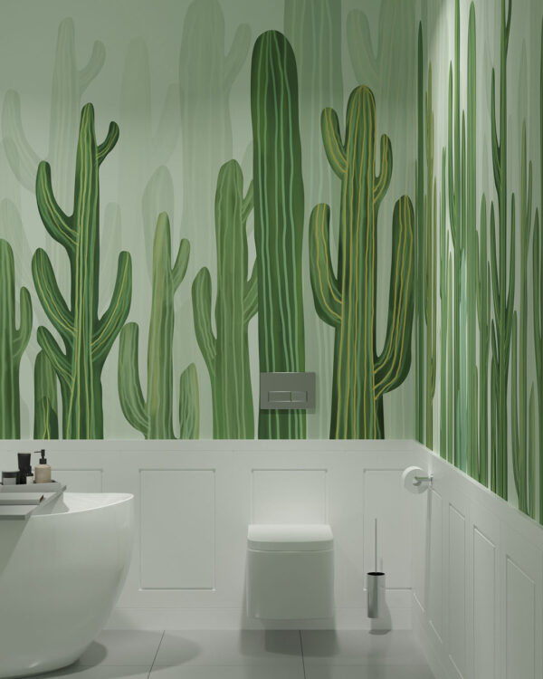 Фотошпалери кактуси в акварельному стилі в зелених відтінках на сітлому тлі у ванній