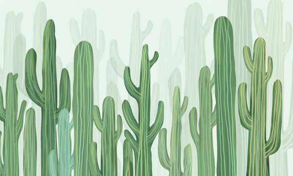Фотошпалери кактуси в акварельному стилі в зелених відтінках на сітлому тлі