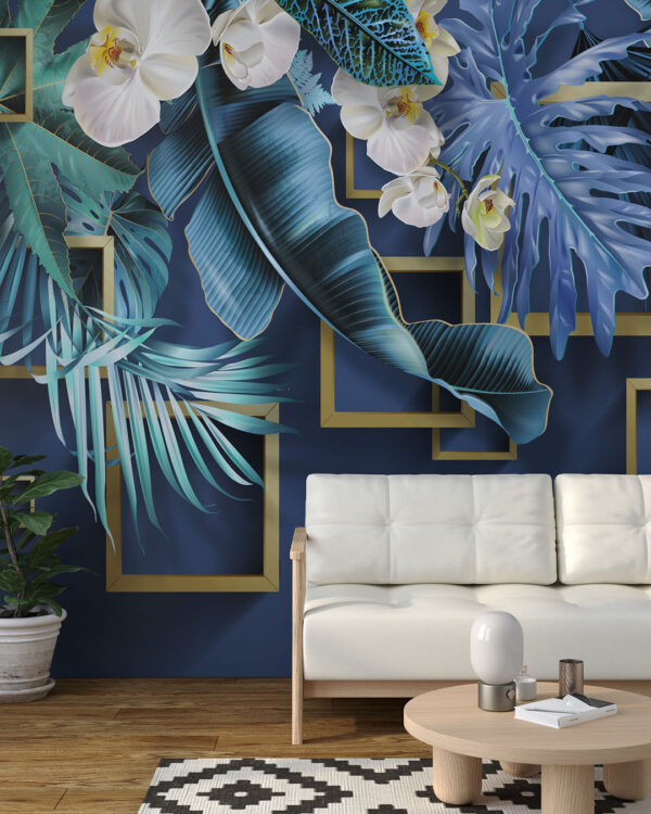 Обои тропические листья и цветы 3д с объемными золотыми рамками на синем фоне в гостиной