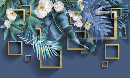 Обои тропические листья и цветы 3д с объемными золотыми рамками на синем фоне