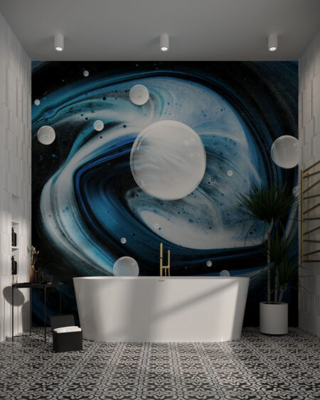 Фотошпалери 3д Космос із зображенням напівпрозорих сфер різних розмірів на темному тлі із розводами у синіх та сірих відтінках у ванній кімнаті