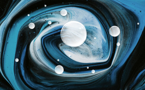 Фотошпалери 3д Космос із зображенням напівпрозорих сфер різних розмірів на темному тлі із розводами у синіх та сірих відтінках