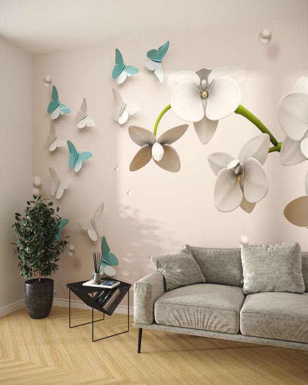 Фотообои 3д орхидея с голубыми и белыми бабочками на пастельном светлом фоне в гостиной