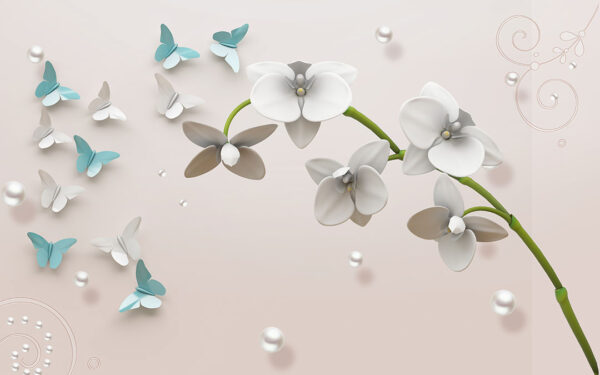Фотообои 3д орхидея с голубыми и белыми бабочками на пастельном светлом фоне