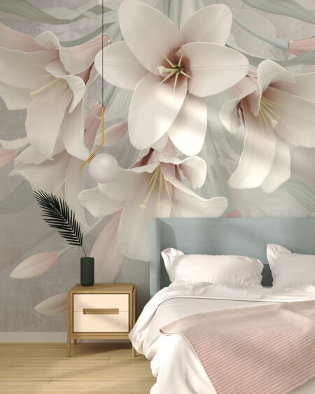 Фотообои 3д лилии нежно-розового цвета на сером фоне в спальне