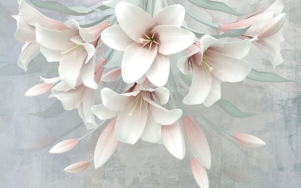 Фотообои 3д лилии нежно-розового цвета на сером фоне