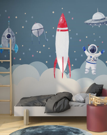 Дизайнерські фотошпалери з космонавтами та ракетами у космічному просторі в дитячій кімнаті