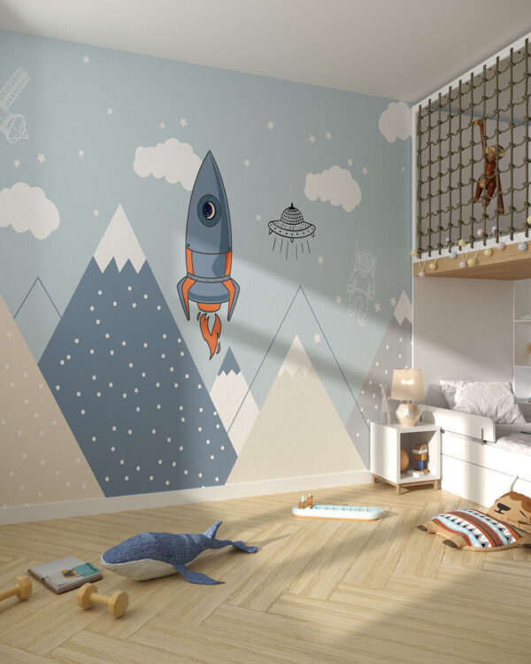 Фотообои горы в виде треугольников с ракетой и другими космическими иллюстрациями в детской комнате