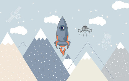 Детские фотообои горы в виде треугольников с ракетой и другими космическими иллюстрациями на бледно-голубом фоне