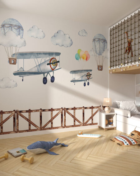 Шпалери літаки з повітряними кулями між хмаринок у дитячій кімнаті