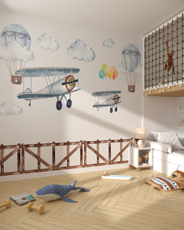 Шпалери літаки з повітряними кулями між хмаринок у дитячій кімнаті