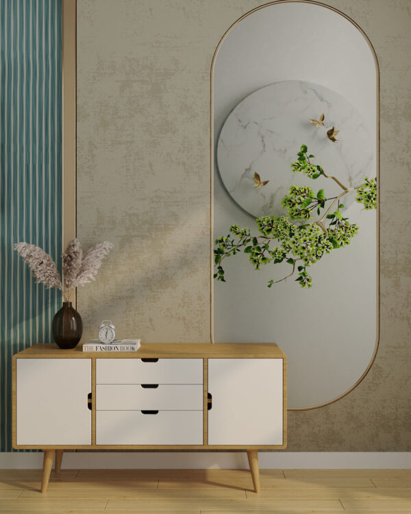 Фотообои 3д панели панели с декоративной веткой и золотыми бабочками в зеркале в прихожей