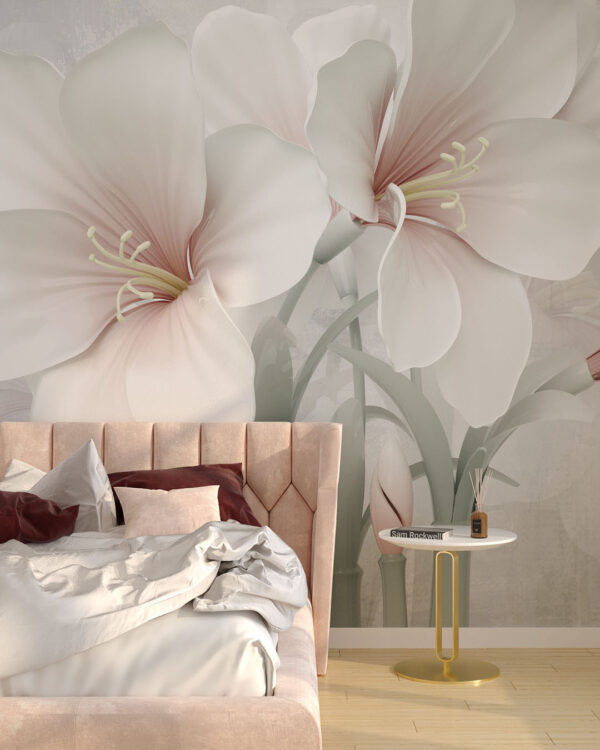 Фотообои 3д лилии нежного розово-белого тона на сером фоне в спальне