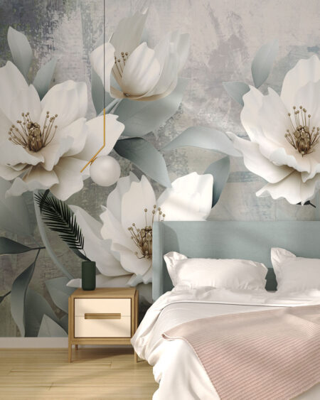 Фотообои 3д лилии нежного белого цвета на сером декоративном фоне в спальне