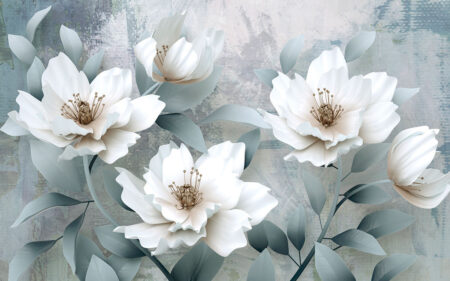 Фотообои 3д лилии нежного белого цвета на сером декоративном фоне