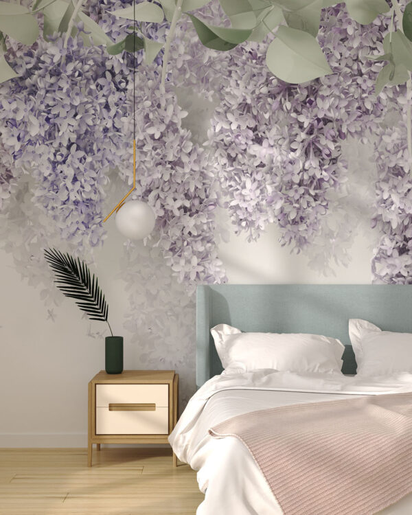 Фотообои сирень 3д с осыпающимися цветами на светлом фоне в спальне