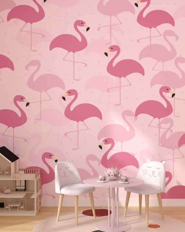 Шпалери фламінго в грфічному стилі паттерн на ніжно-рожевому тлі у дитячій кімнаті