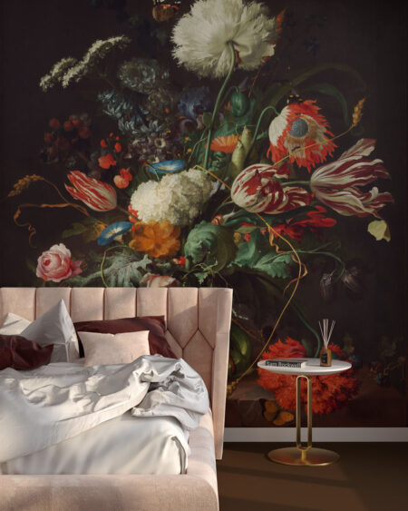 Фотообои цветы в вазе на темном фоне в спальне