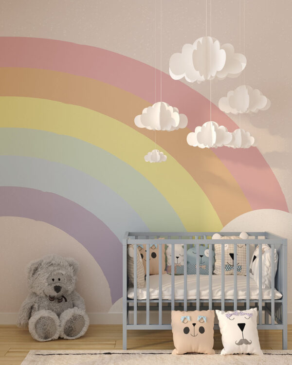 Обои радуга с облаками в графическом стиле на бежевом фоне в детской