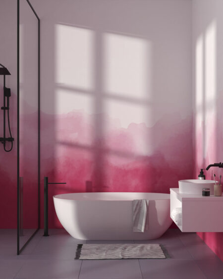 Фотообои акварель в виде облаков в розовых тонах на белом фоне в ванной
