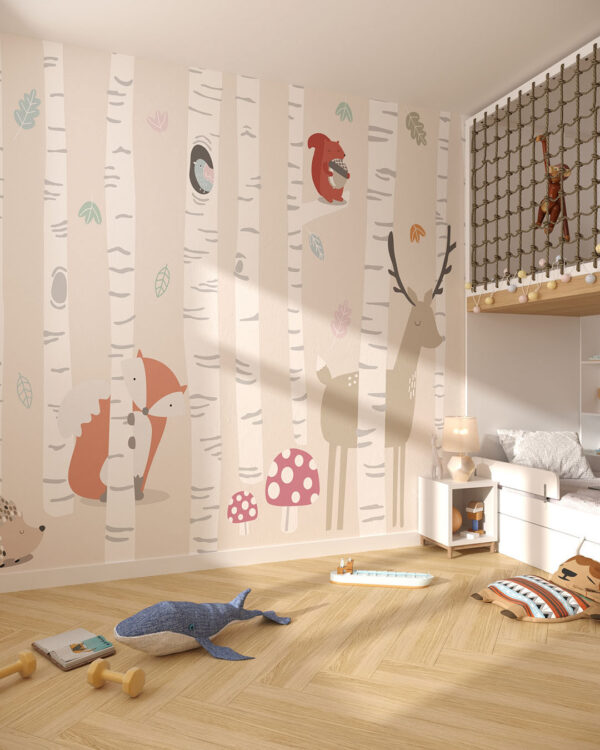 Шпалери тварини в березовому лісі у графічному стилі у дитячій кімнаті