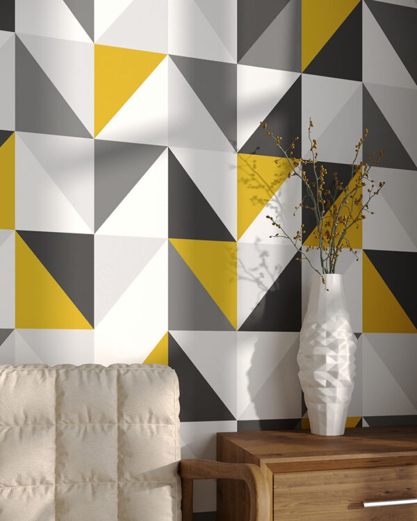 Шпалери трикутники жовтого, сірого та білого кольору для вітальні