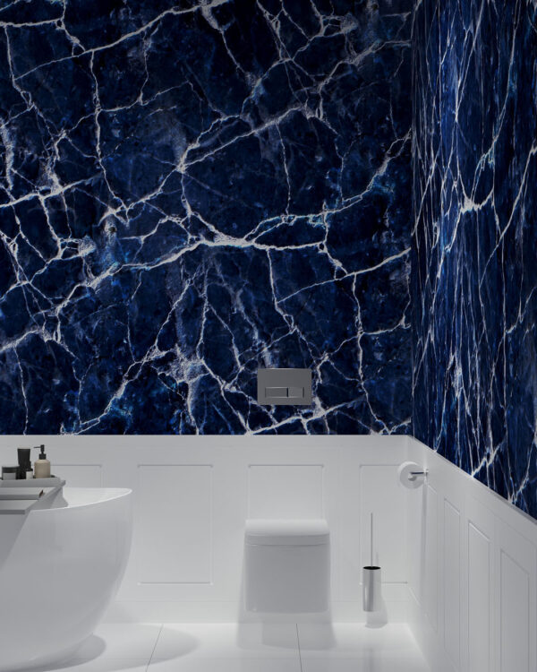 Фотообои мрамор текстура в синих тонах с белыми прожилками в ванной