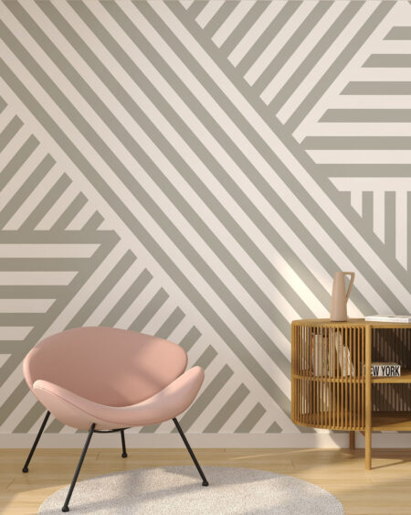 Обои геометрические линии оливкового цвета на белом фоне в гостиной