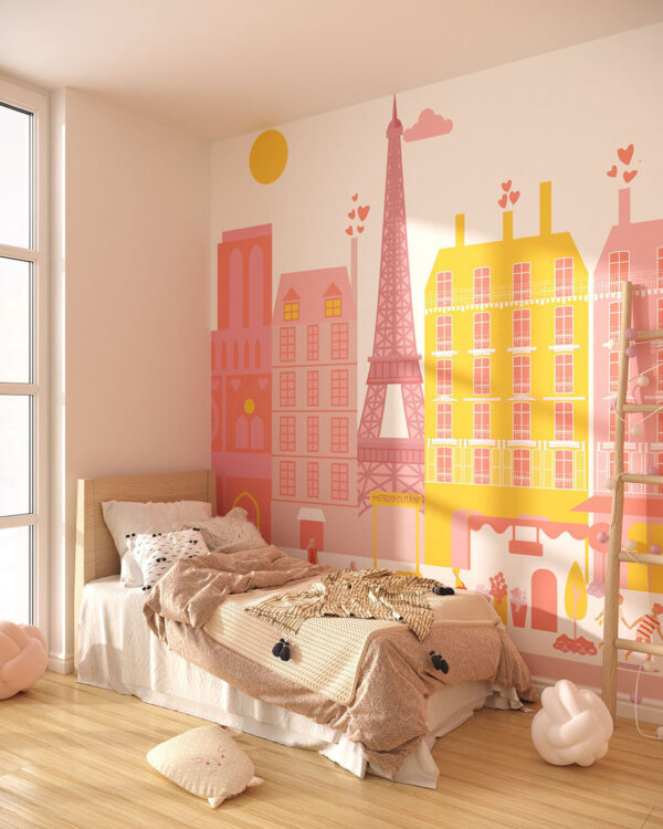 Обои Париж в графическом стиле в розово-желтых цветах в детской