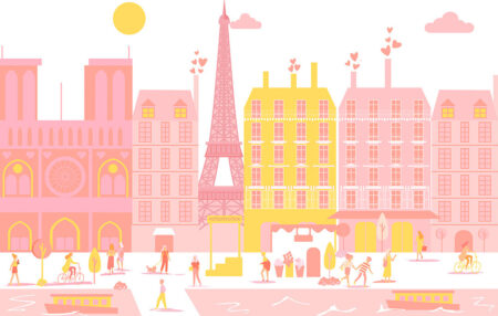 Обои Париж в графическом стиле в розово-желтых цветах