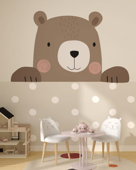 Шпалери з ведмедем в графічному стилі на світлому тлі в горошок у дитячій кімнаті