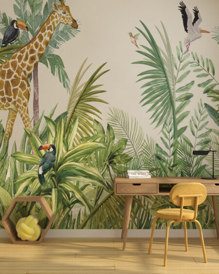 Обои джунгли с птицами и жирафом в листьях на светлом фоне в детской
