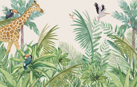 Обои джунгли с птицами и жирафом в листьях на светлом фоне