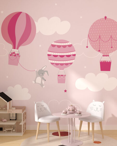 Фотообои воздушные шары розового цвета с зайцем в графическом стиле в детской