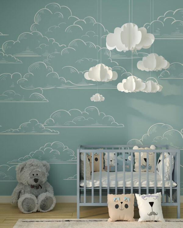 Фотошпалери хмари паттерн у графічному стилі бірюзовому тлі у дитячій кімнаті