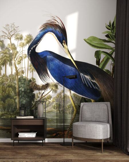 Фотообои картина с изображением голубой цапли в джунглях в гостиной