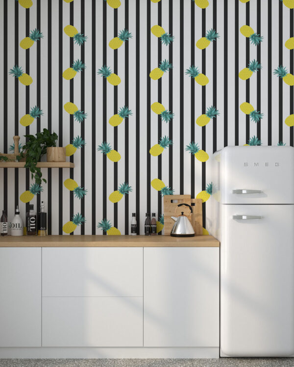 Обои геометрические черно-белые полосы паттерн с ананасами на кухне
