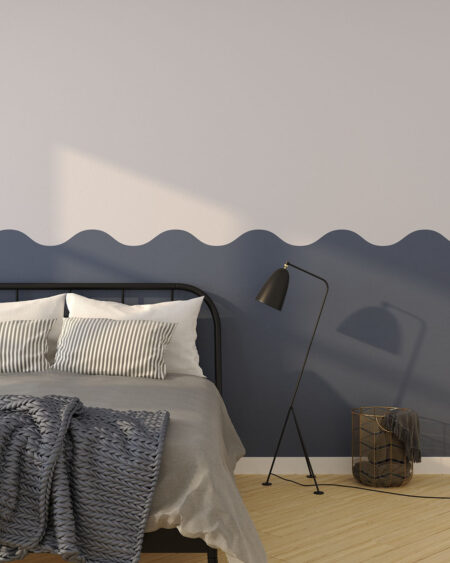 Фотообои графическая волна серого и темно-синего цвета в спальне