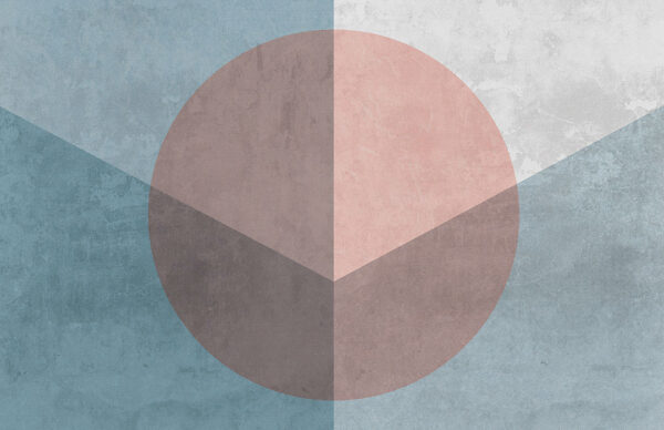 Обои геометрические фигуры в синих и серых тонах с бежевым кругом по центру
