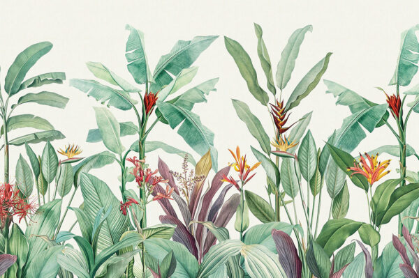 Шпалери тропічні листя квітів в яскравих кольорах на світло-бежевому тлі