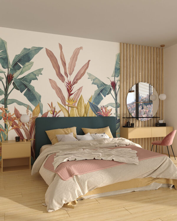 Обои тропические растения в ярких цветах на светлом фоне в спальне