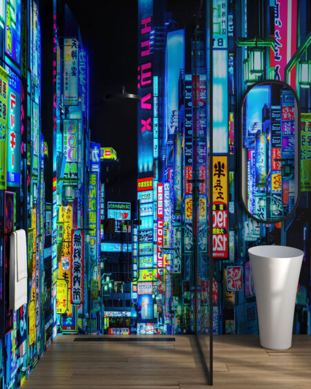 Фотообои небоскребы Токио с неоновыми вывесками в ванной