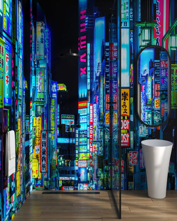 Фотообои небоскребы Токио с неоновыми вывесками в ванной