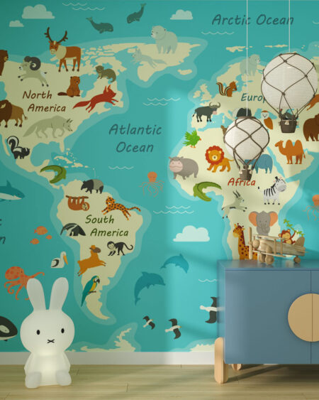 Дитячі фотошпалери карта світу з малюнками тварин, птахів та морських мешканців, характерними для певної місцевості в дитячій кімнаті