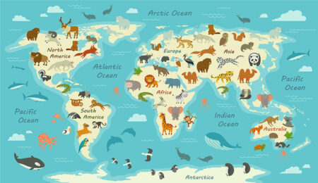 Дитячі фотошпалери карта світу з малюнками тварин, птахів та морських мешканців, характерними для певної місцевості