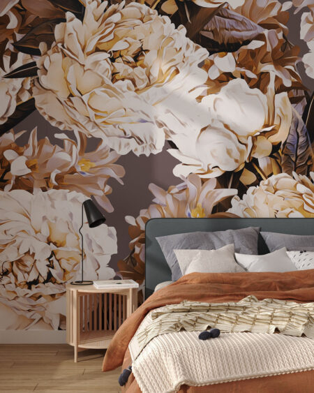 Дизайнерські шпалери з графічними квітами у бежевих тонах паттерн у спальні